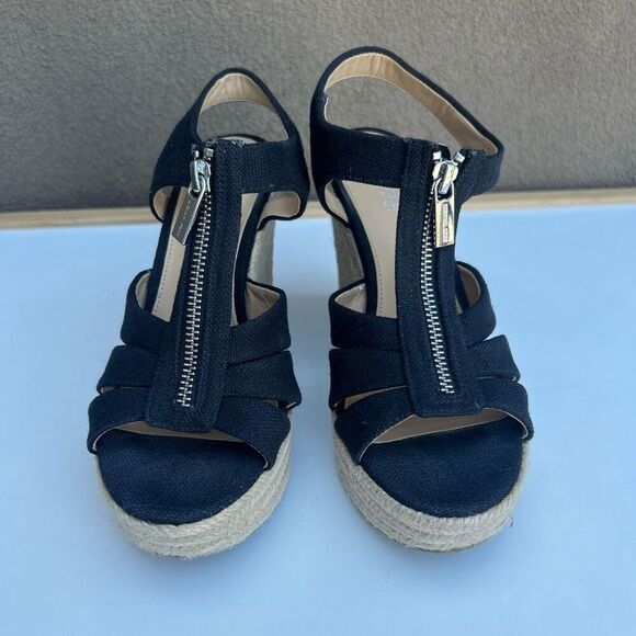 Michael Kors Damita Espadrille Wedge Sandal Size 5.5-6 Black Canvas Zipper - Picture 3 of 11